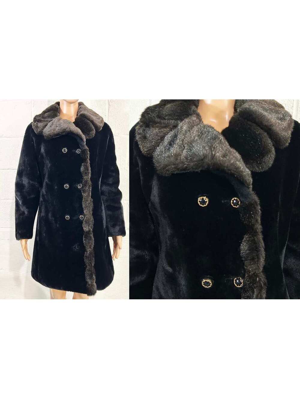 1960s Black Faux Fur Peacoat Glenoit Plush Winter Coat